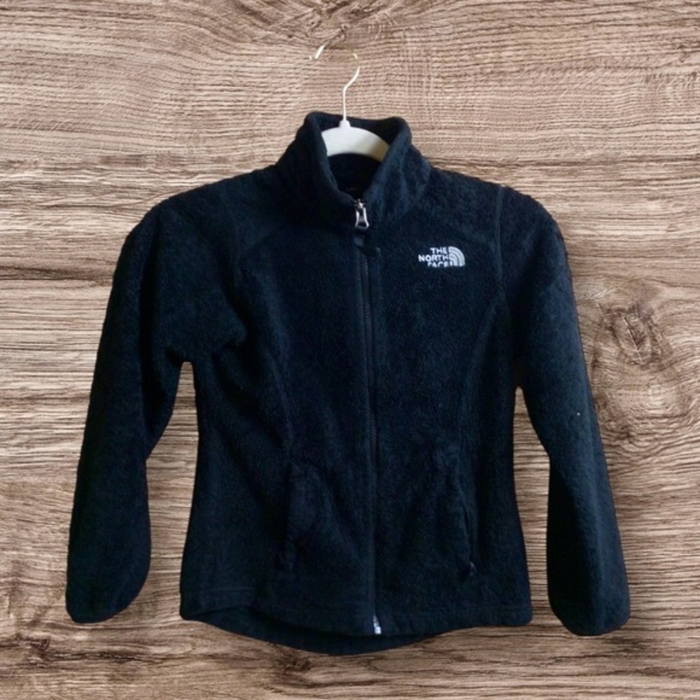 North face black fuzzy fleece jacket. Small 7-8